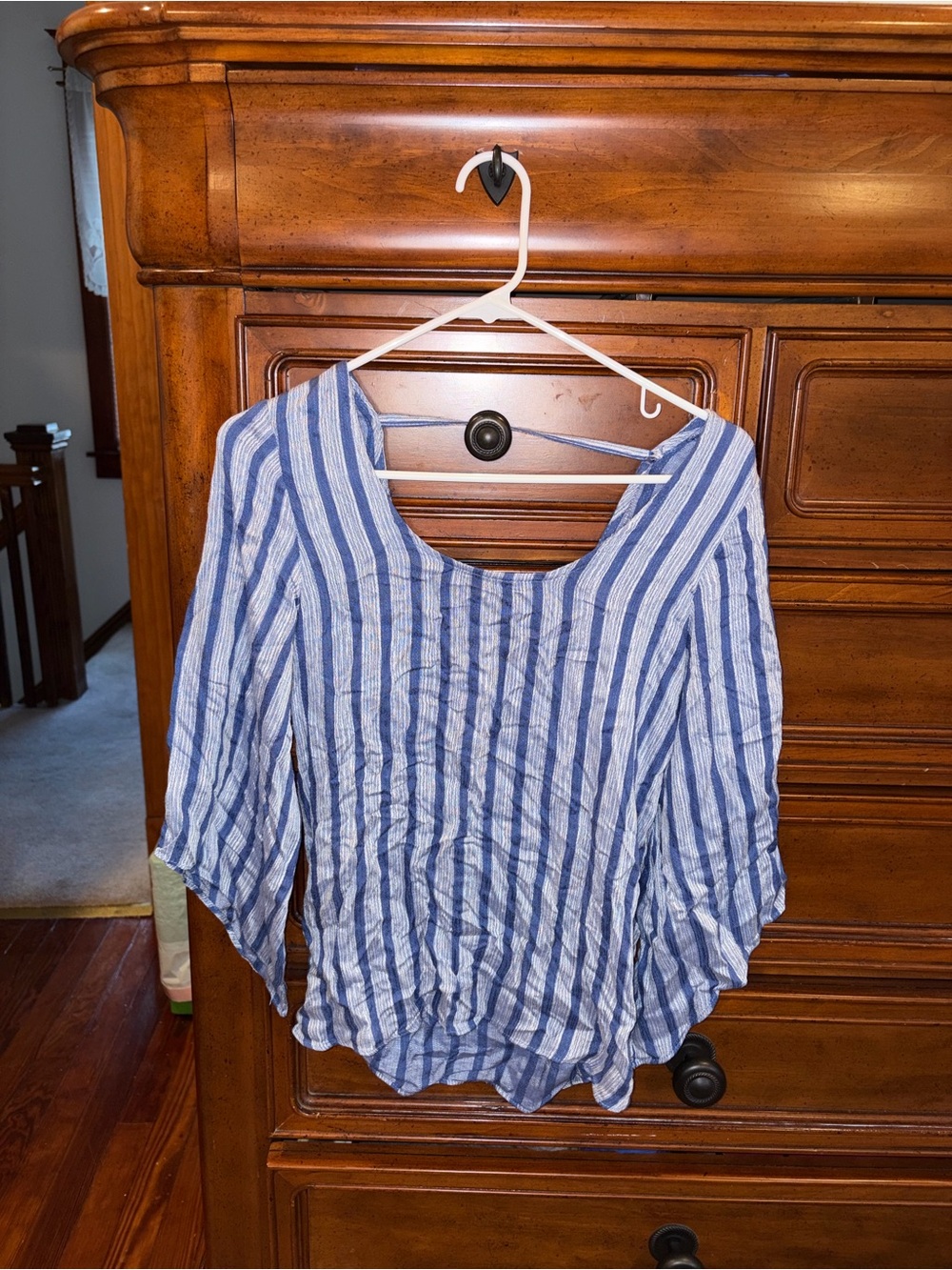 DOLAN Left Coast Collection Blue White Striped Tie Back Bell Sleeve Top M